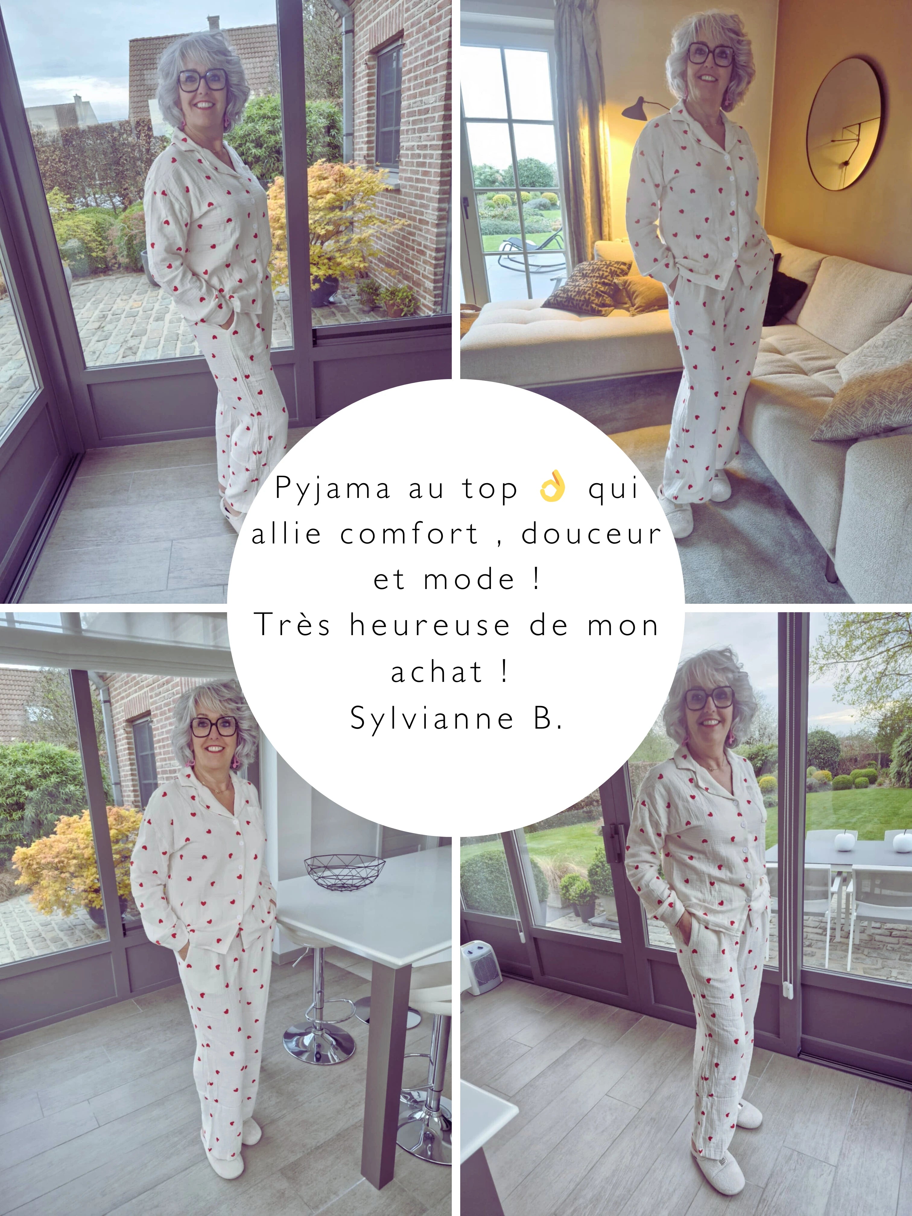 Douceur Légère & Détail Romantique | Le Pyjama Femme en Gaze de Coton Écru à Cœurs Rouges