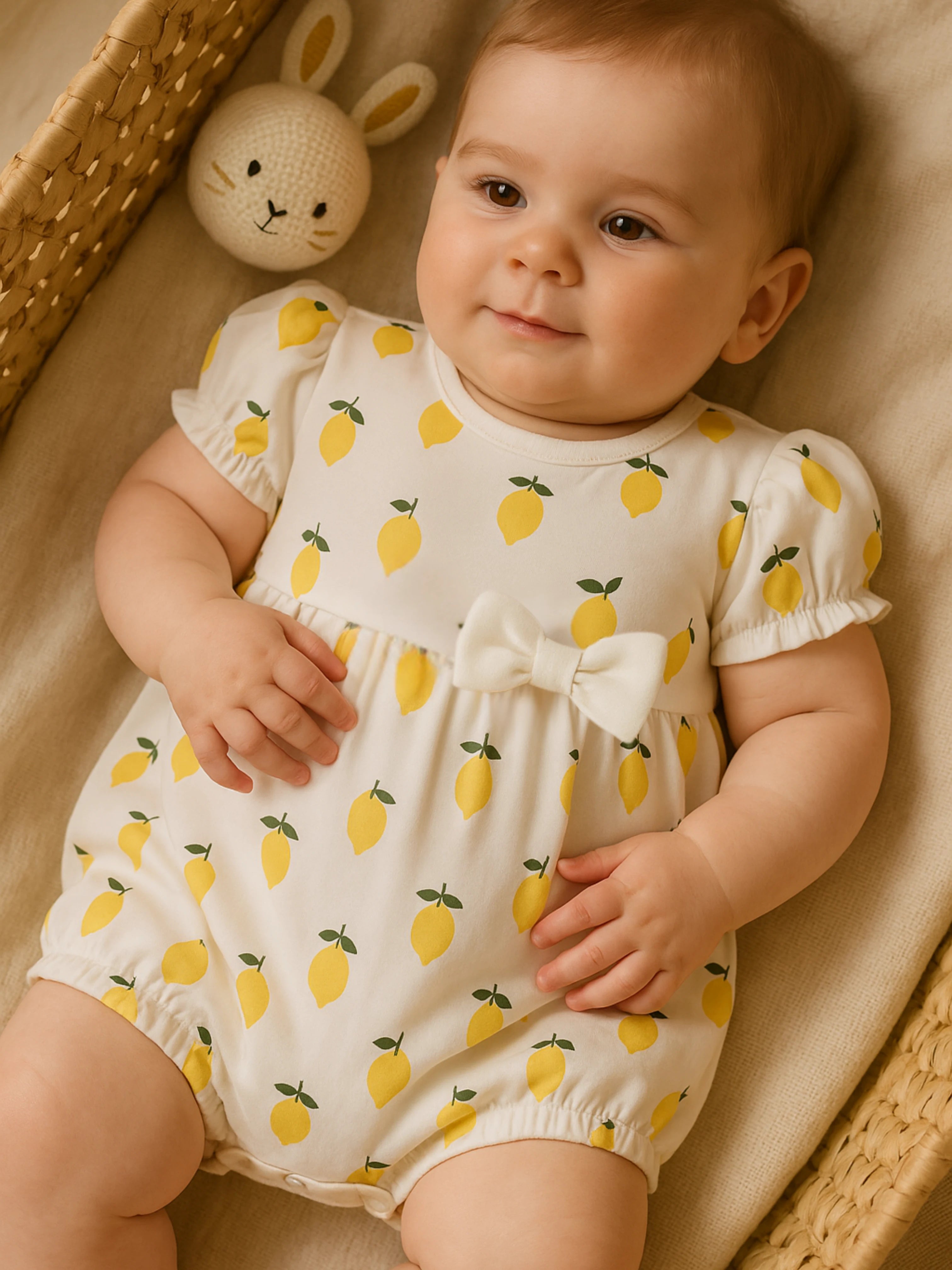 Fraîcheur d’Été & Confort Naturel - La Barboteuse Petits Citrons En Coton Biologique Oeko-Tex®