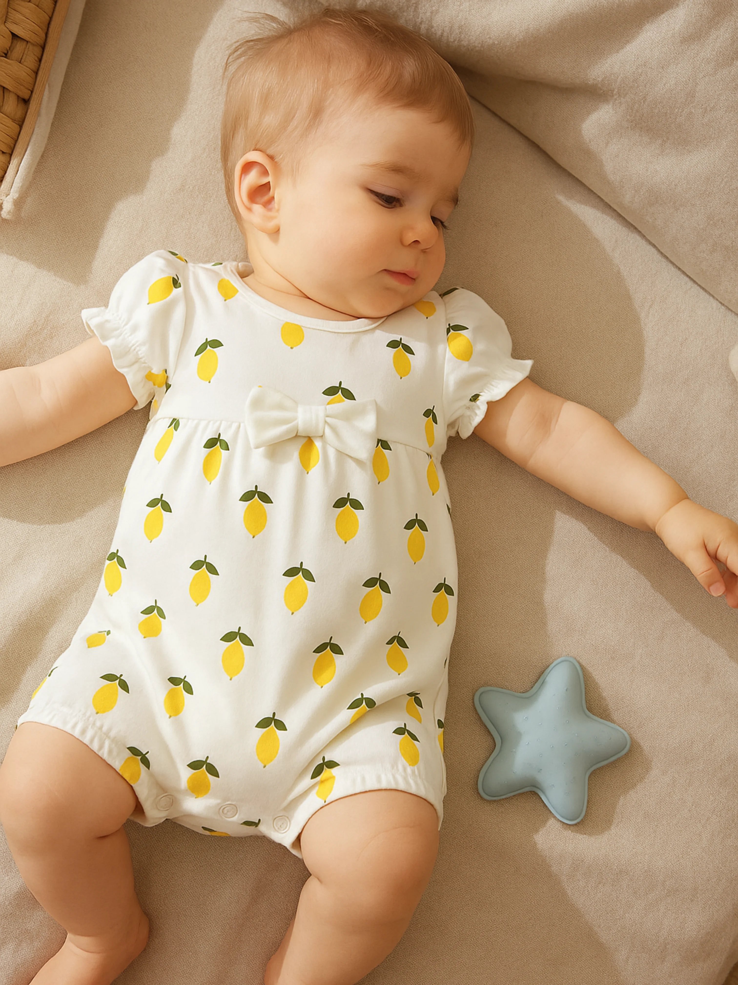 Fraîcheur d’Été & Confort Naturel - La Barboteuse Petits Citrons En Coton Biologique Oeko-Tex®