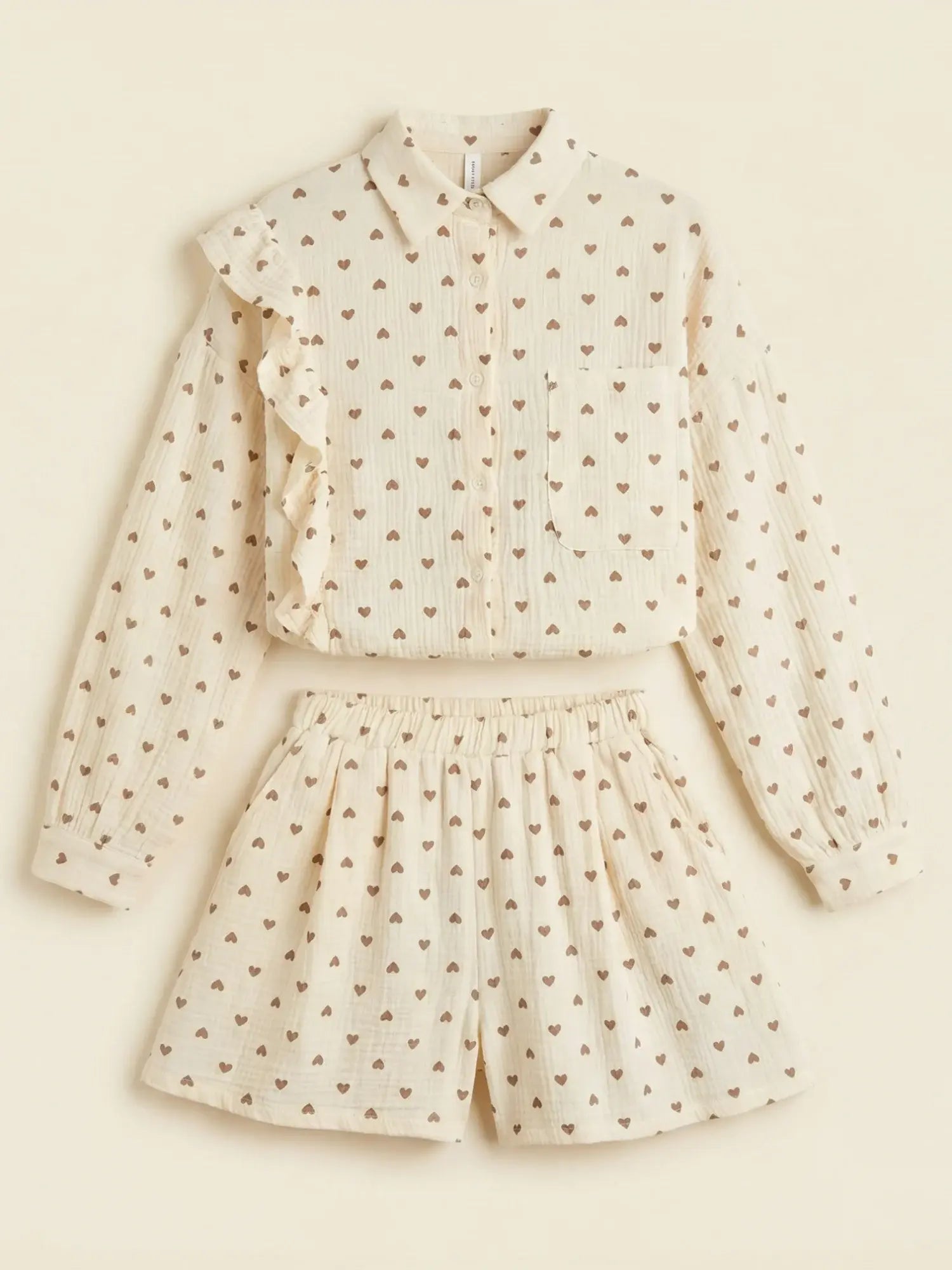 Le Pyjama Coton Gaufré Cœurs Dorés | Double Gaze Premium | Manches Volantées