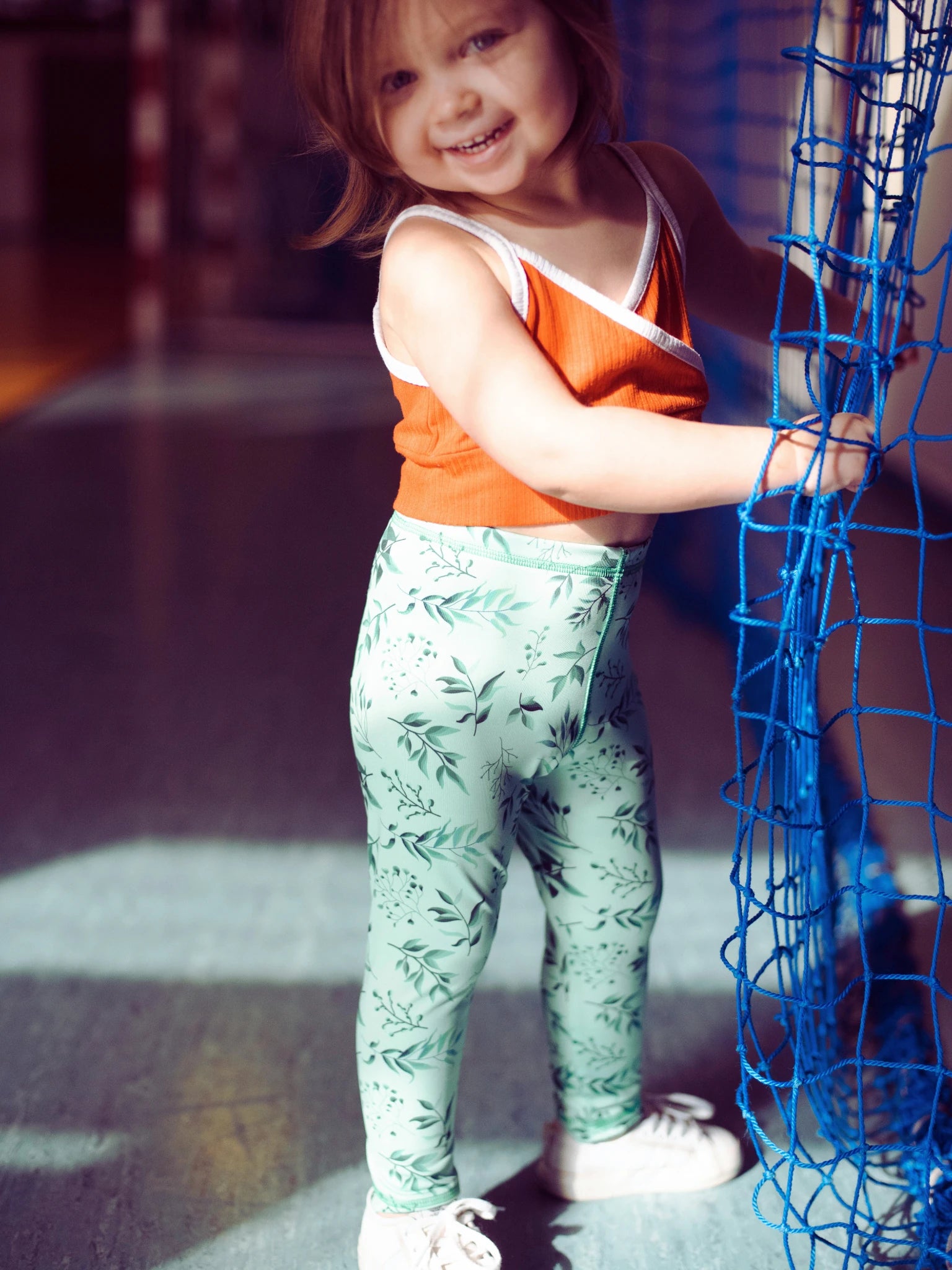 Legging enfant vert menthe motif feuilles (stretch Oeko-Tex®)