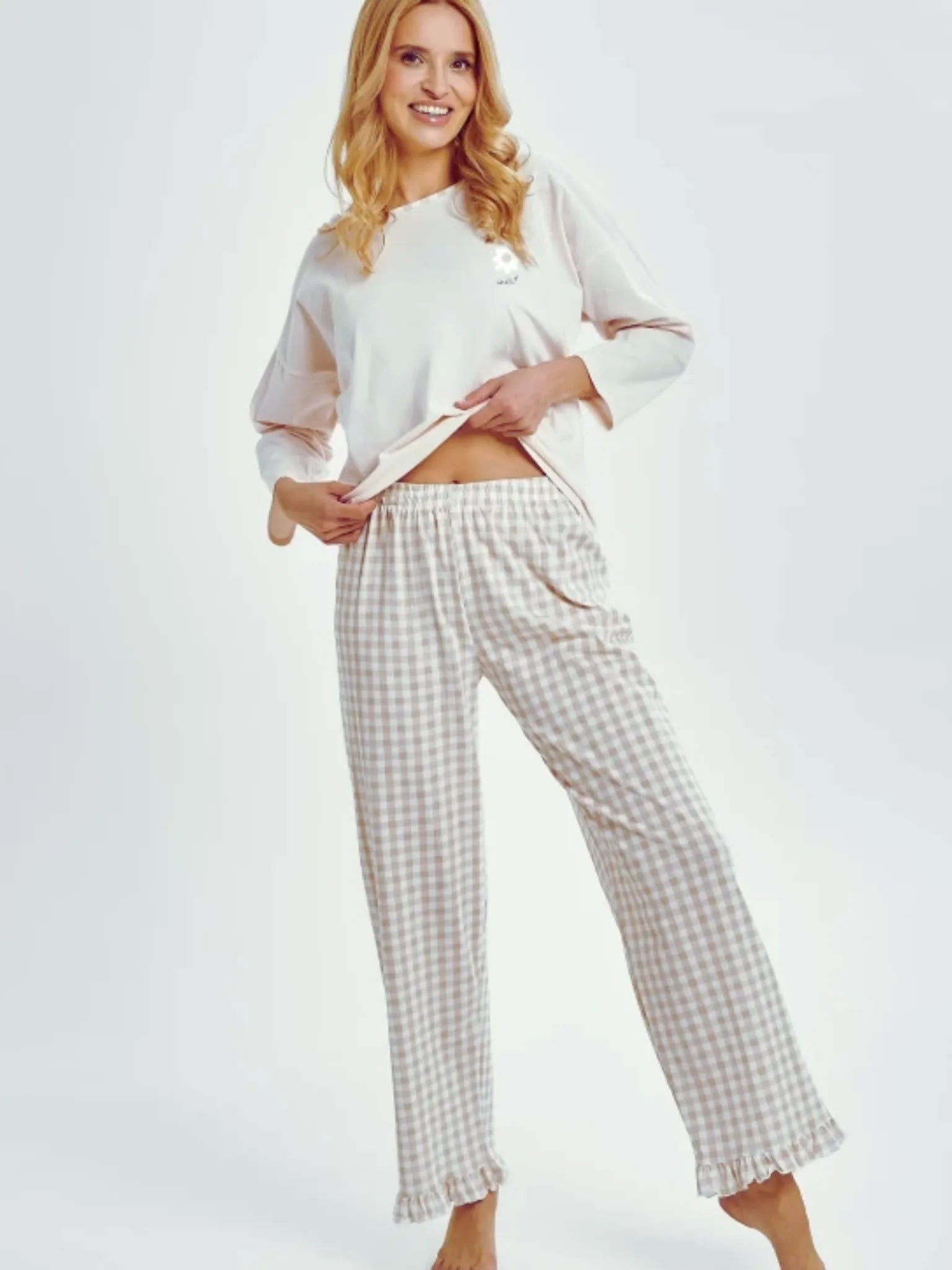 Pyjama femme à carreaux beige en coton Oeko-Tex® | Confort pour la nuit