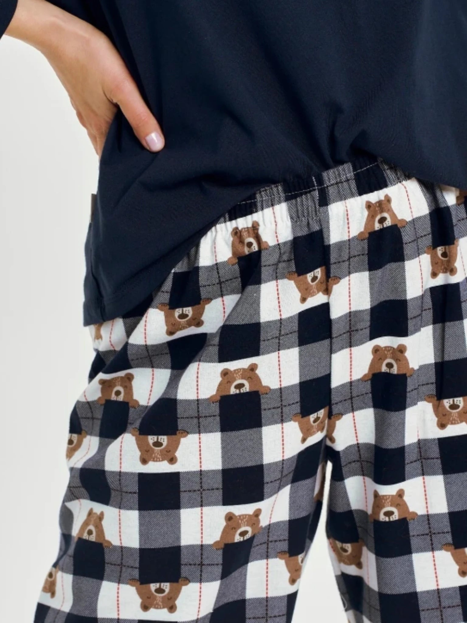 Pyjama femme en flanelle Oeko-Tex® à carreaux et oursons | Doux, chaud et confortable