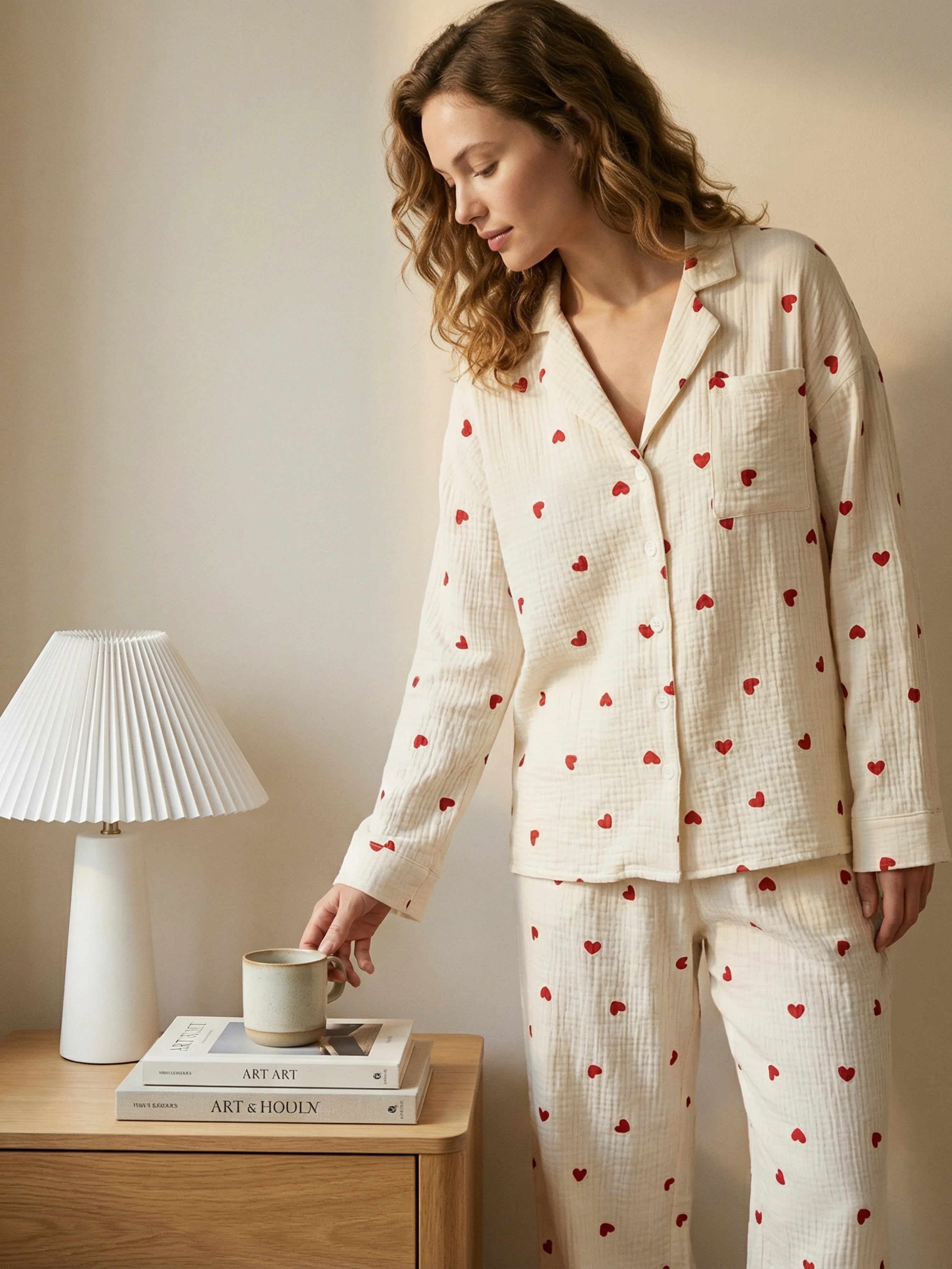 Douceur Légère & Détail Romantique | Le Pyjama Femme en Gaze de Coton Écru à Cœurs Rouges