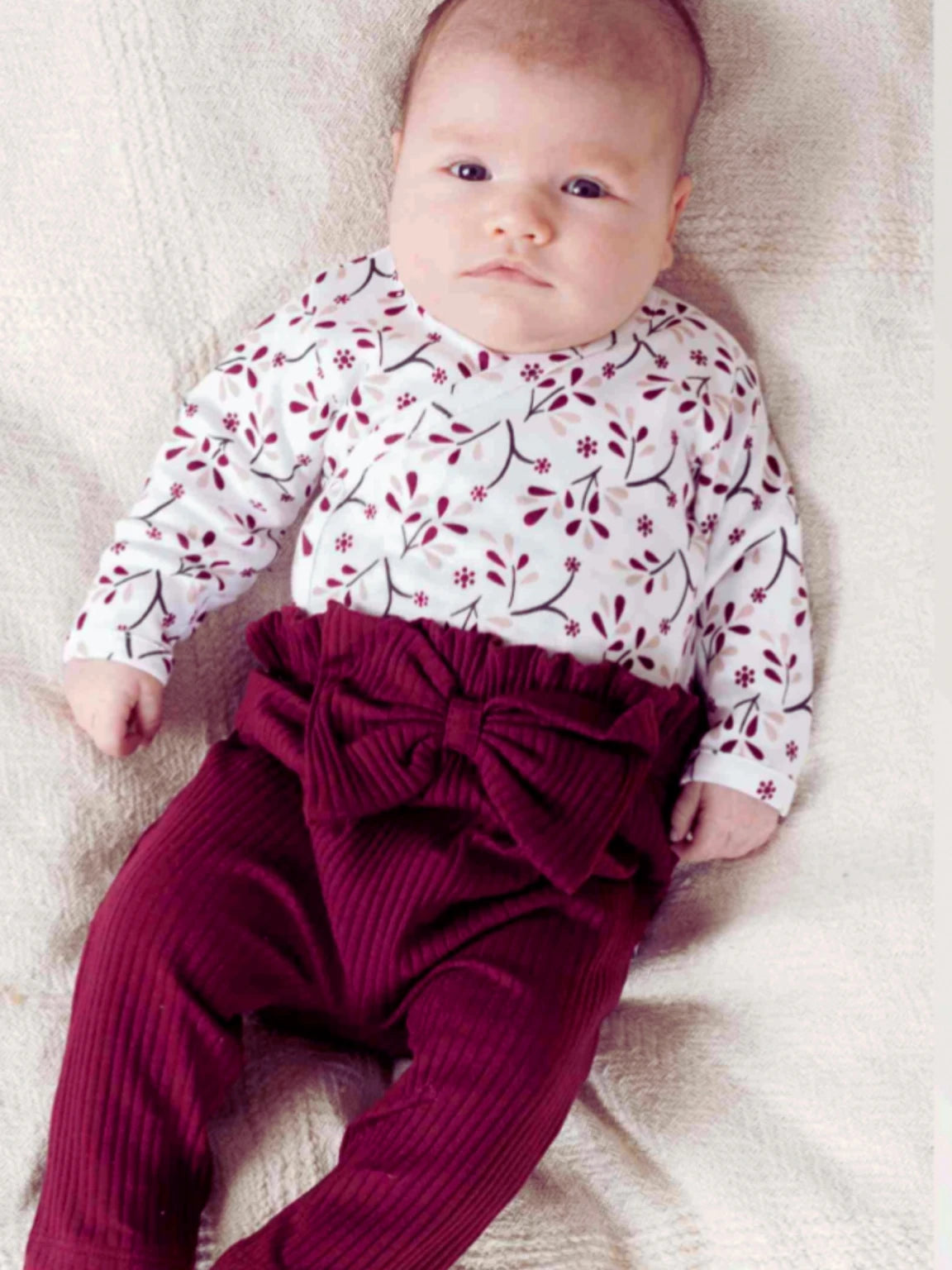Legging bébé côtelé bordeaux avec grand nœud Oeko-Tex®