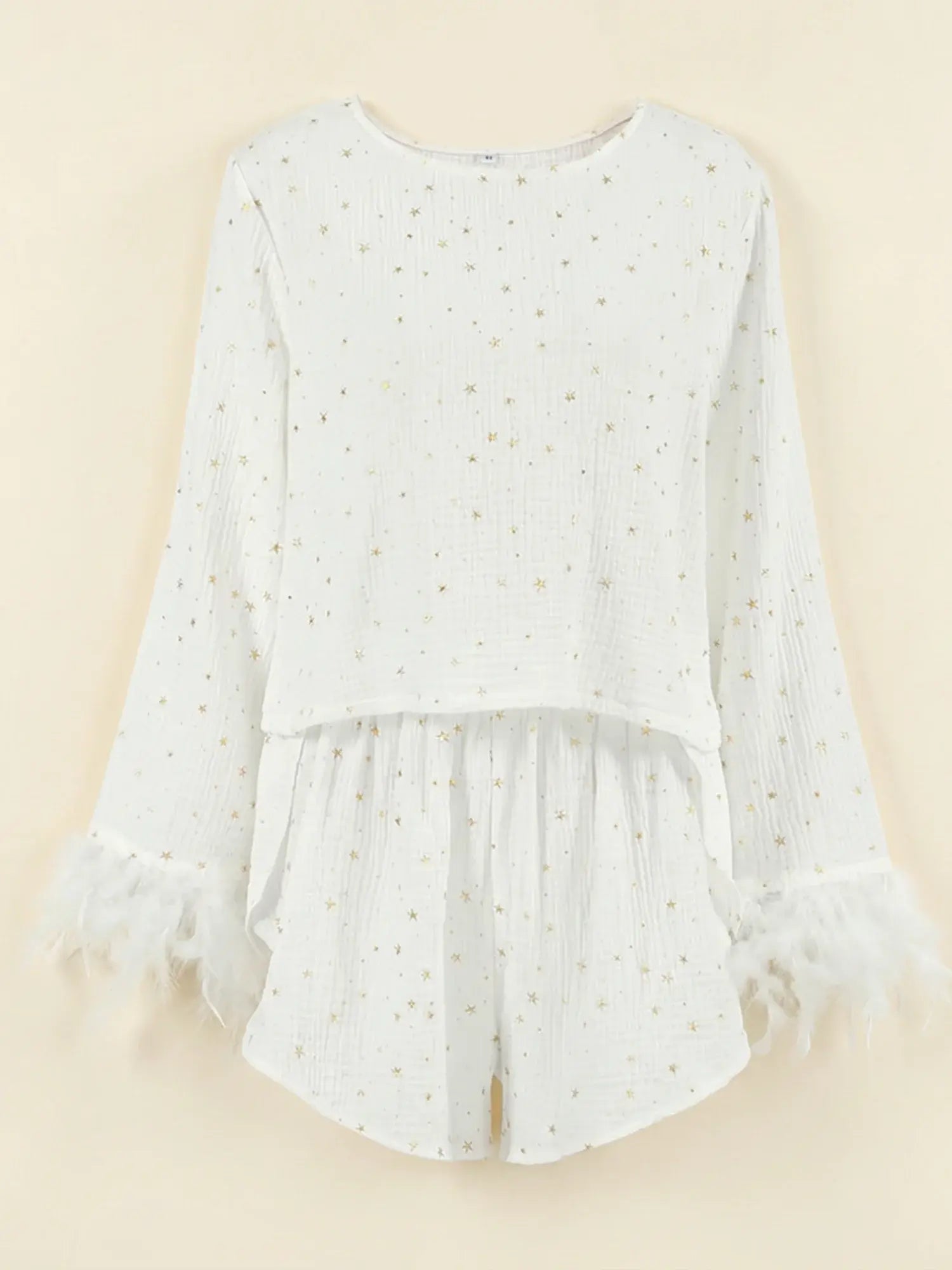 Le Pyjama Coton Gaufré Étoiles Dorées | Double Gaze Premium | Manches Plumes