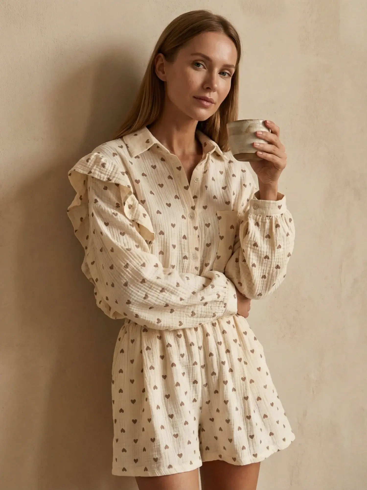 Le Pyjama Coton Gaufré Cœurs Dorés | Double Gaze Premium | Manches Volantées