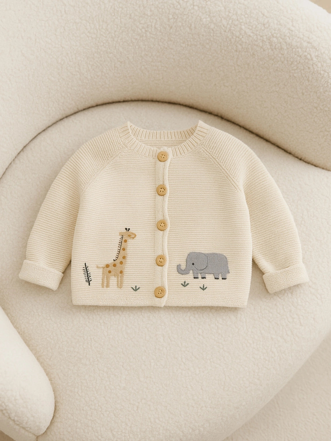 Gilet bébé en maille avec animaux – Girafe et éléphant brodés