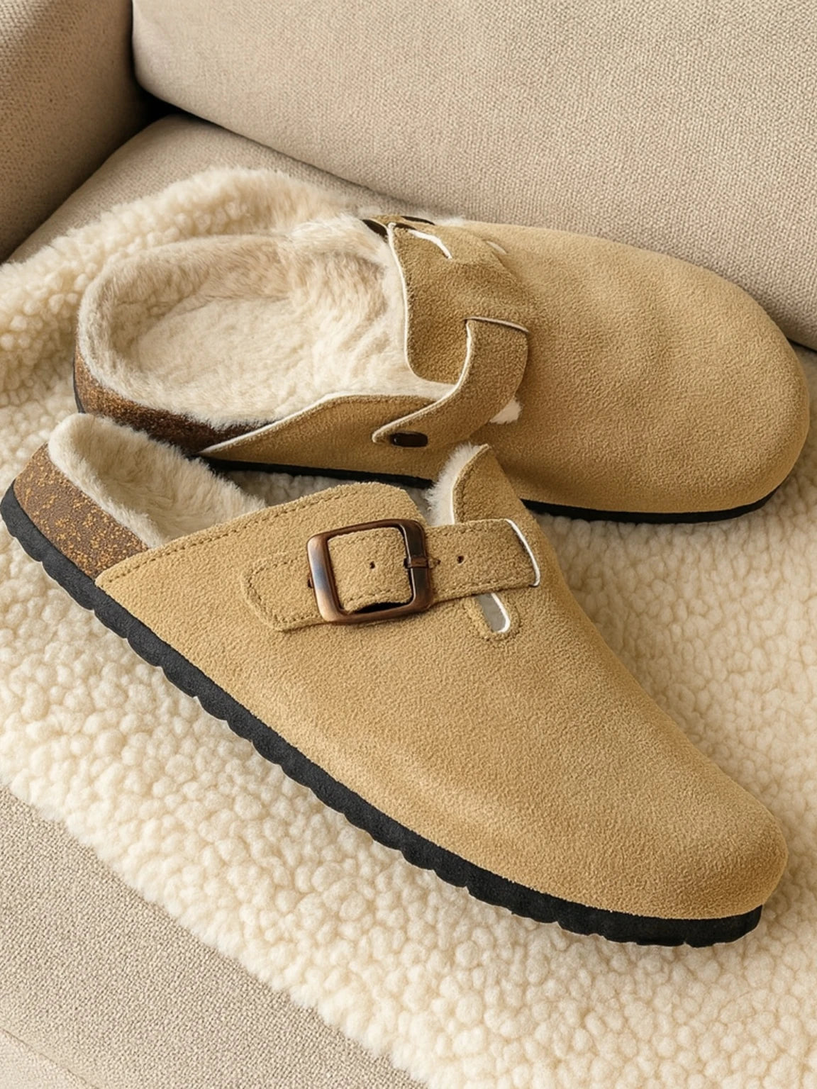 Chaussons mules fourrées en suède beige – confort & semelle antidérapante