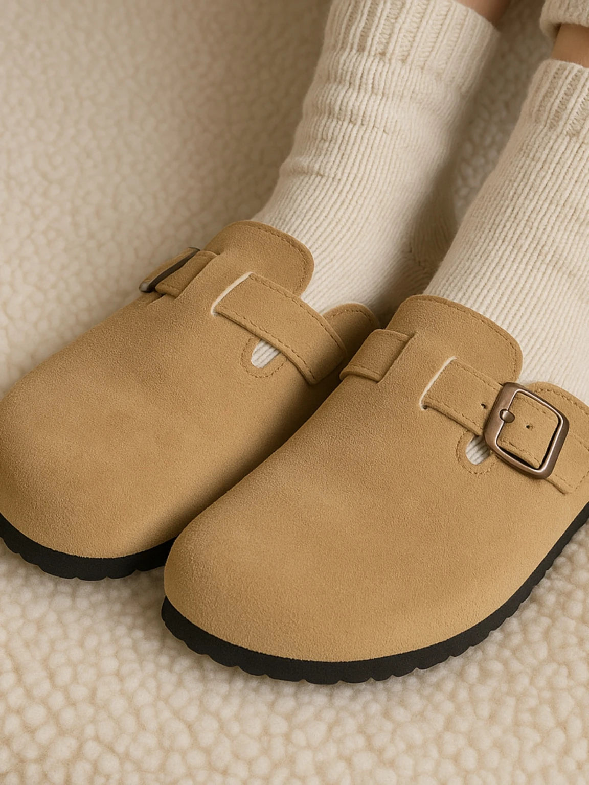 Chaussons mules fourrées en suède beige – confort & semelle antidérapante