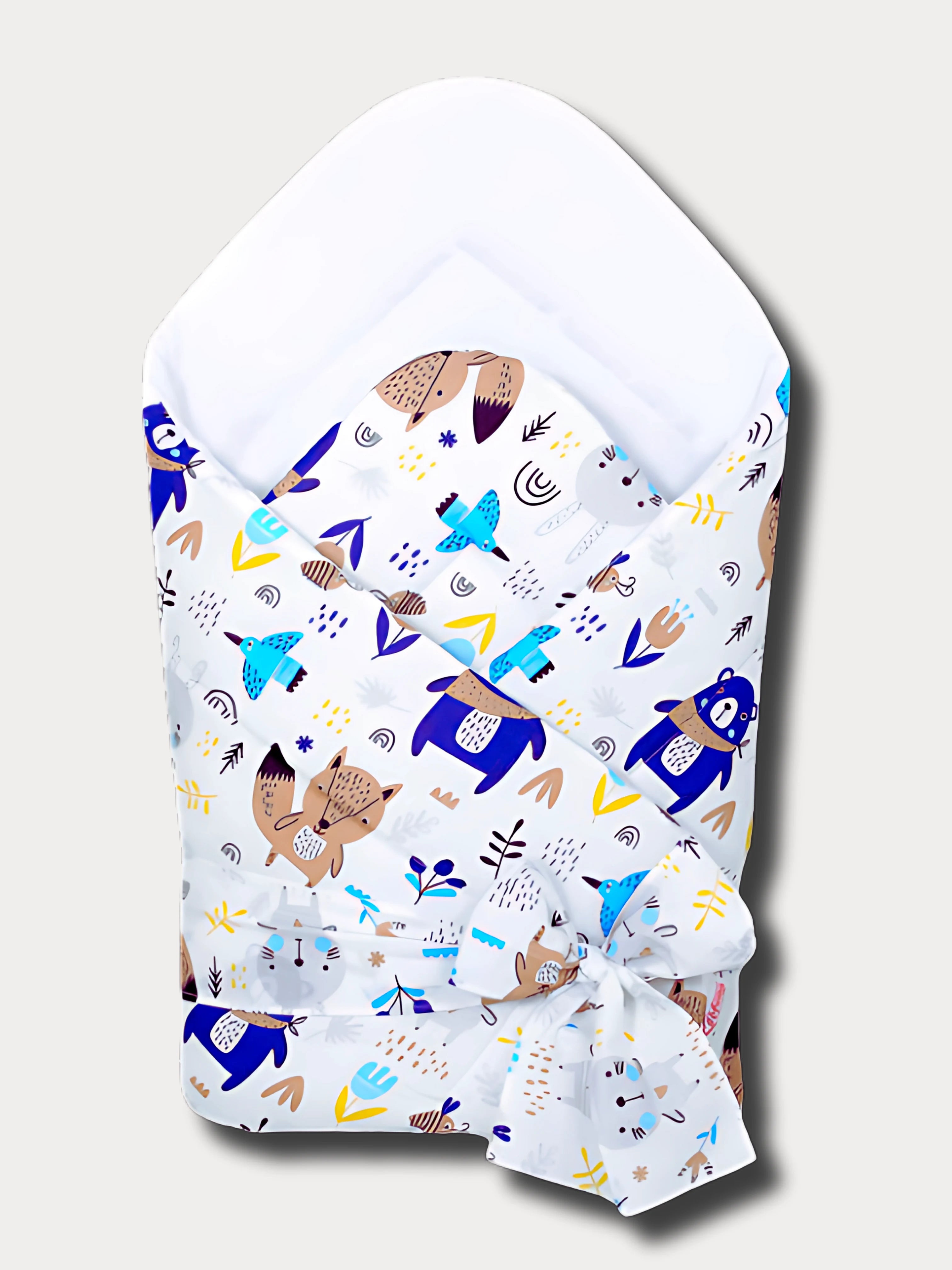 Nid d’ange pour bébé blanc à motifs animaux rigolos en bleu, jaune et marron, fabriqué à la main en coton Oeko-Tex®