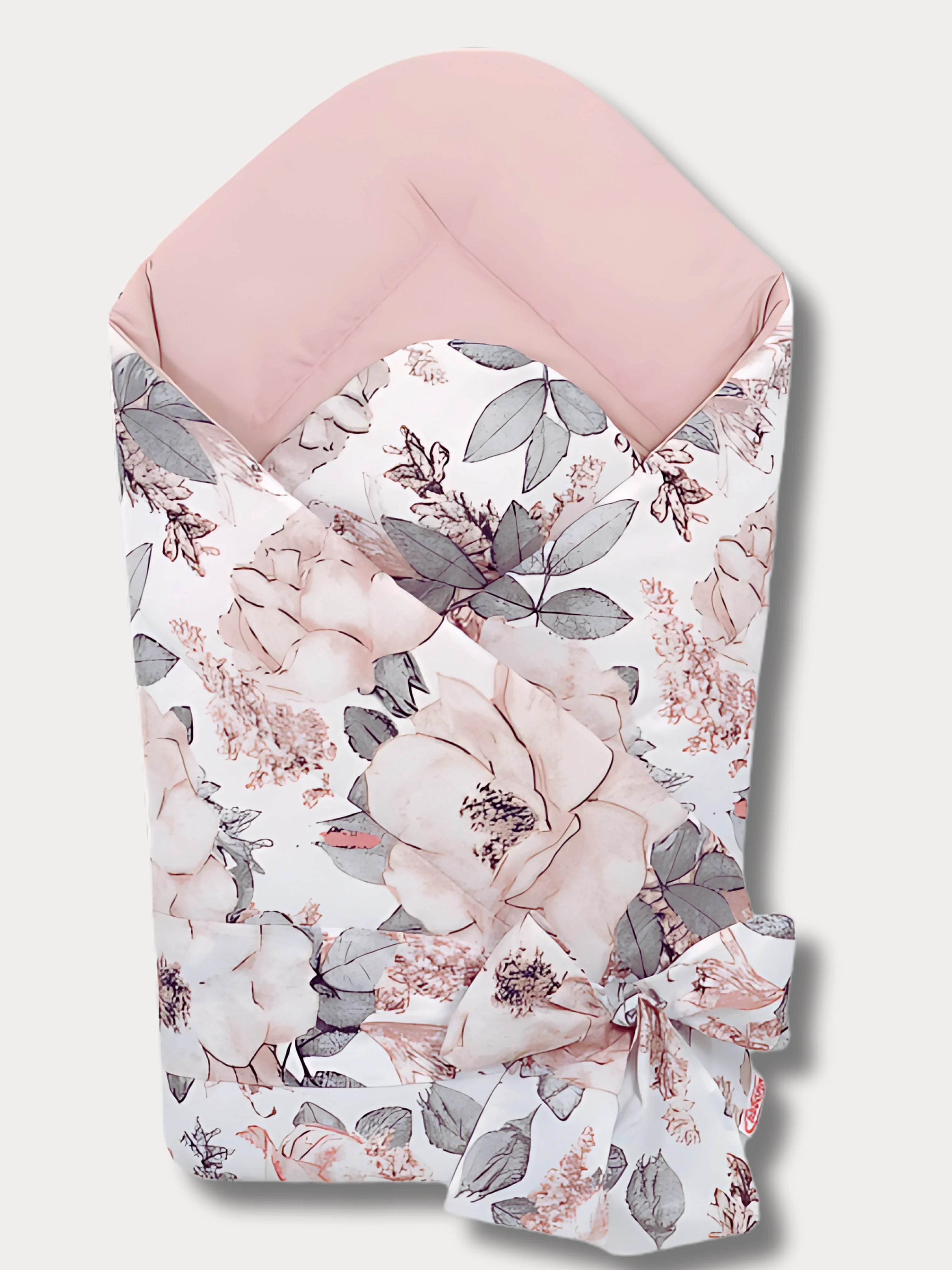 Nid d’ange bébé motif floral rose pastel, intérieur vieux rose uni, coton certifié Oeko-Tex®