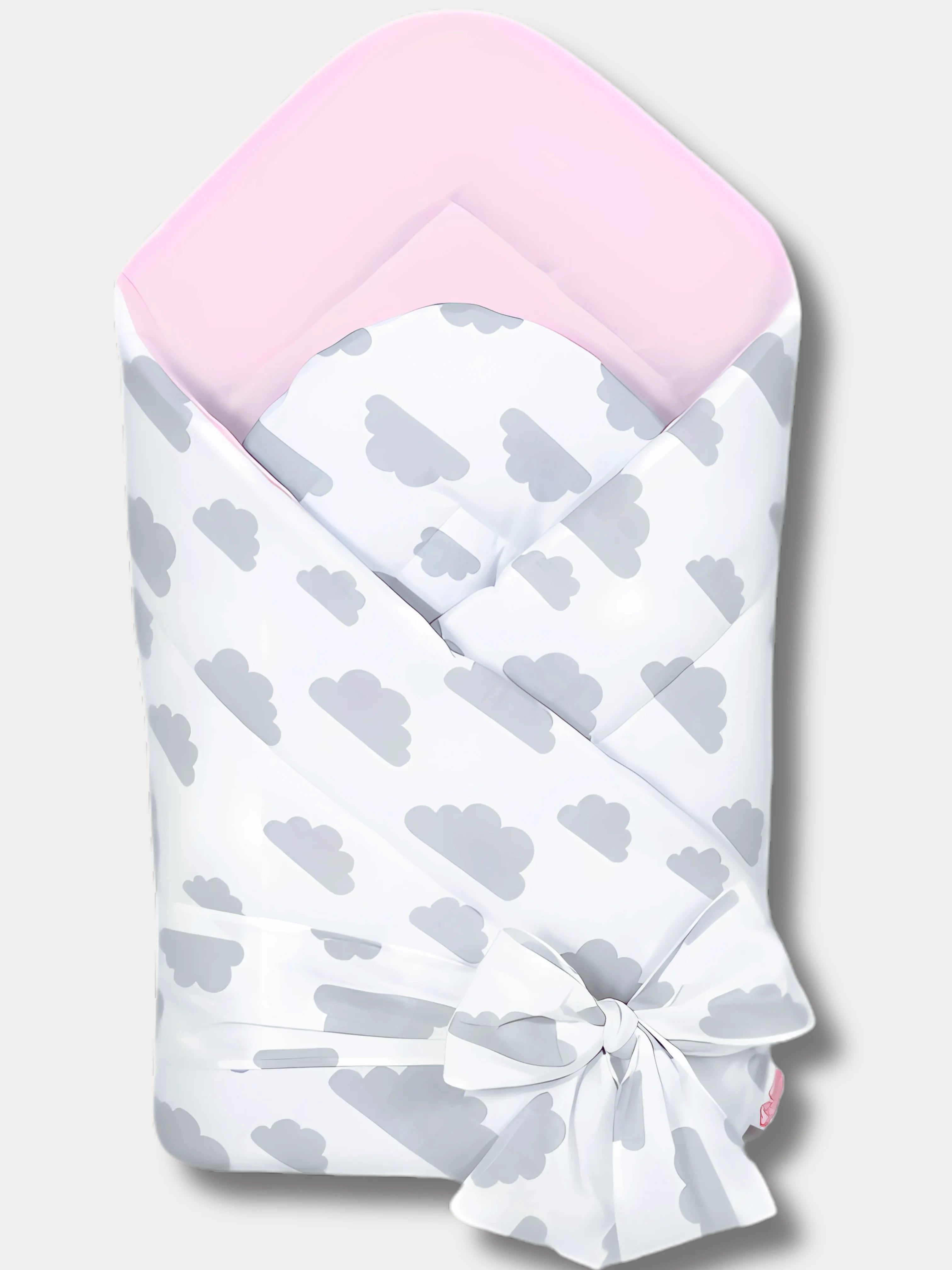 Nid d’ange bébé en coton Oeko-Tex®, motif nuages gris avec intérieur rose doux, fabriqué à la main en Europe