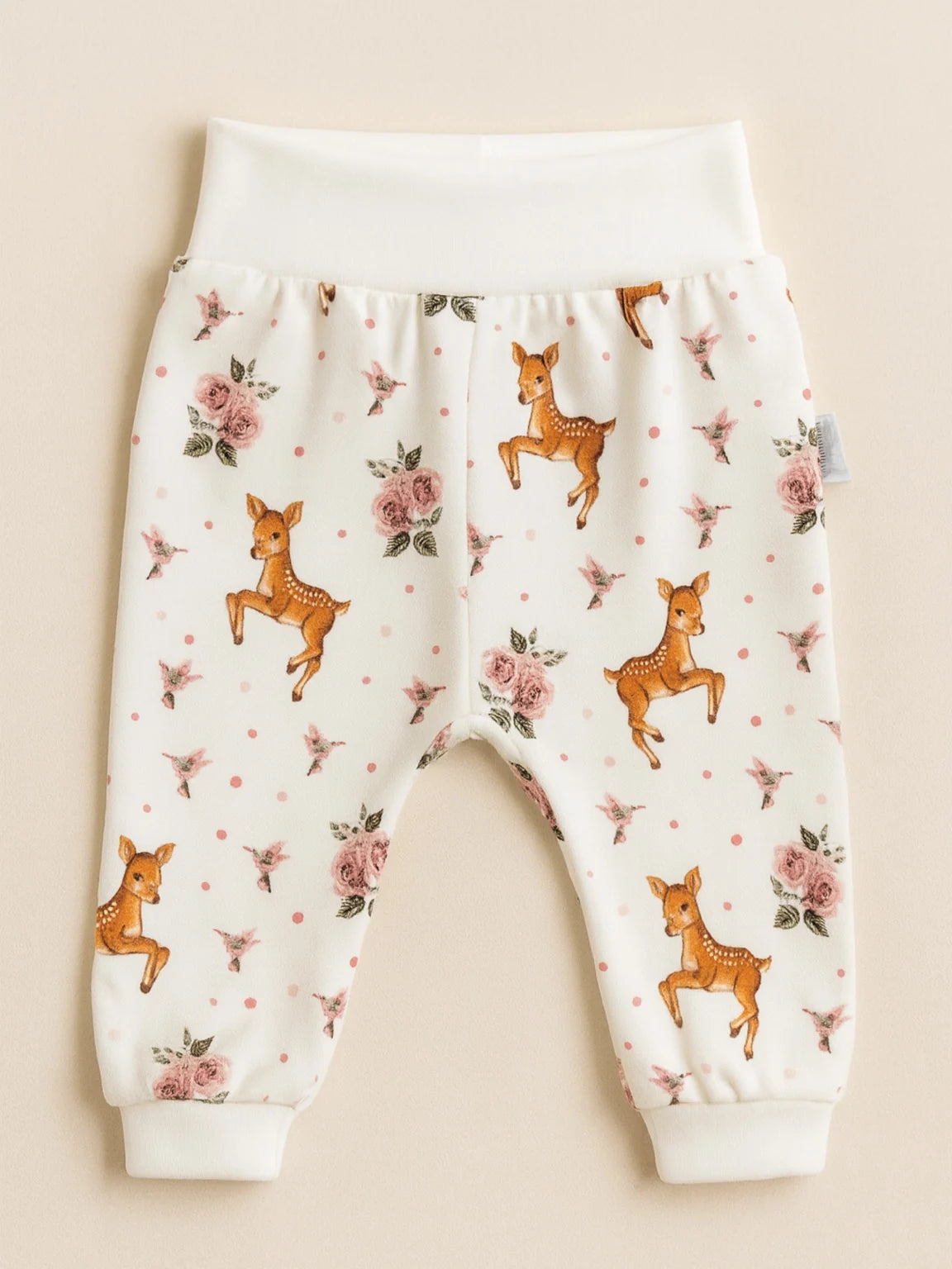 Pantalon bébé doux “Faon & Fleurs” Oeko-Tex® – taille haute confortable, bords-côtes