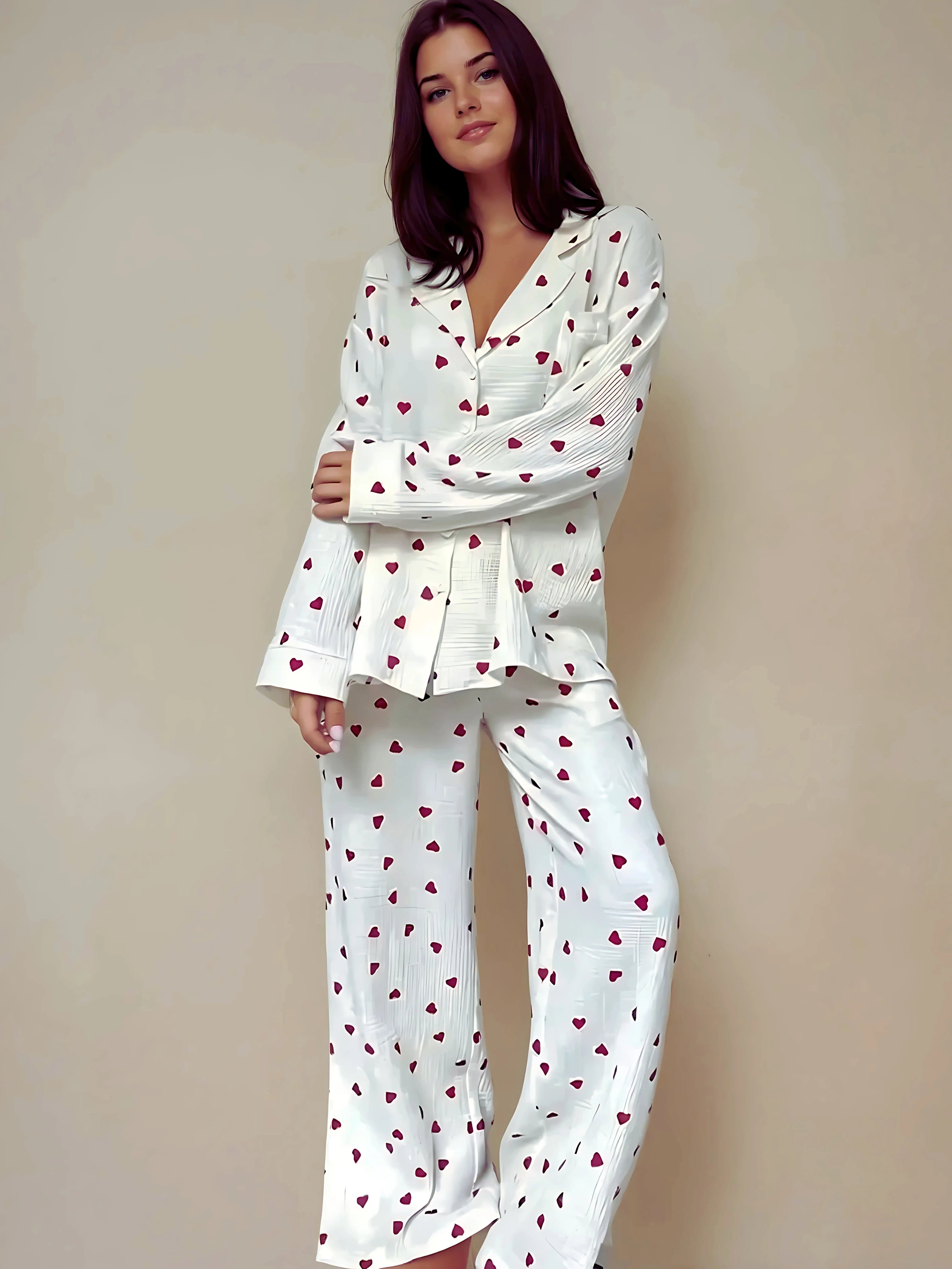 Pyjama élégant pour femme en satin blanc, imprimé de petits cœurs rouges. Ensemble confortable et chic avec chemise boutonnée et pantalon fluide.