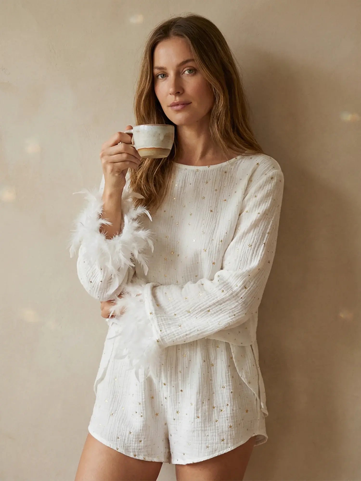 Le Pyjama Coton Gaufré Étoiles Dorées | Double Gaze Premium | Manches Plumes