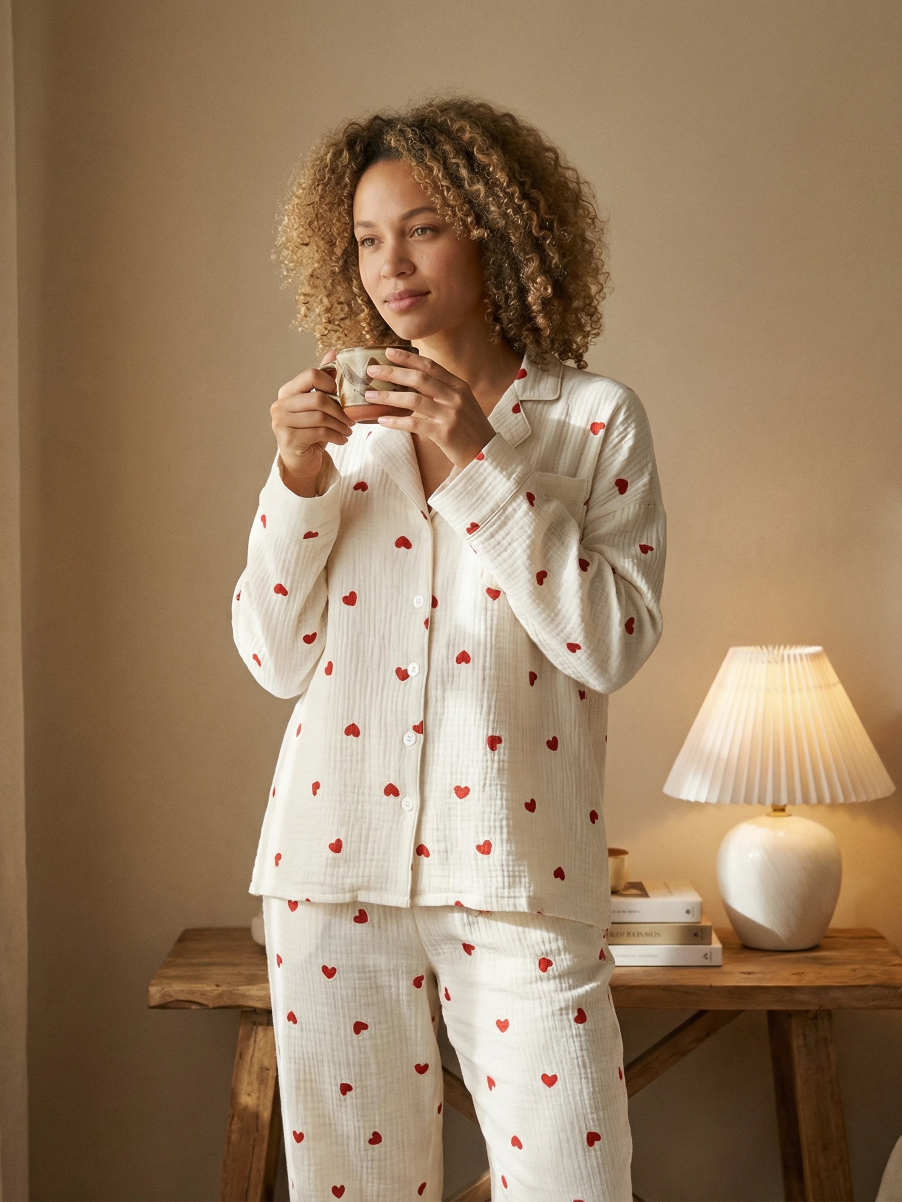 Douceur Légère & Détail Romantique | Le Pyjama Femme en Gaze de Coton Écru à Cœurs Rouges