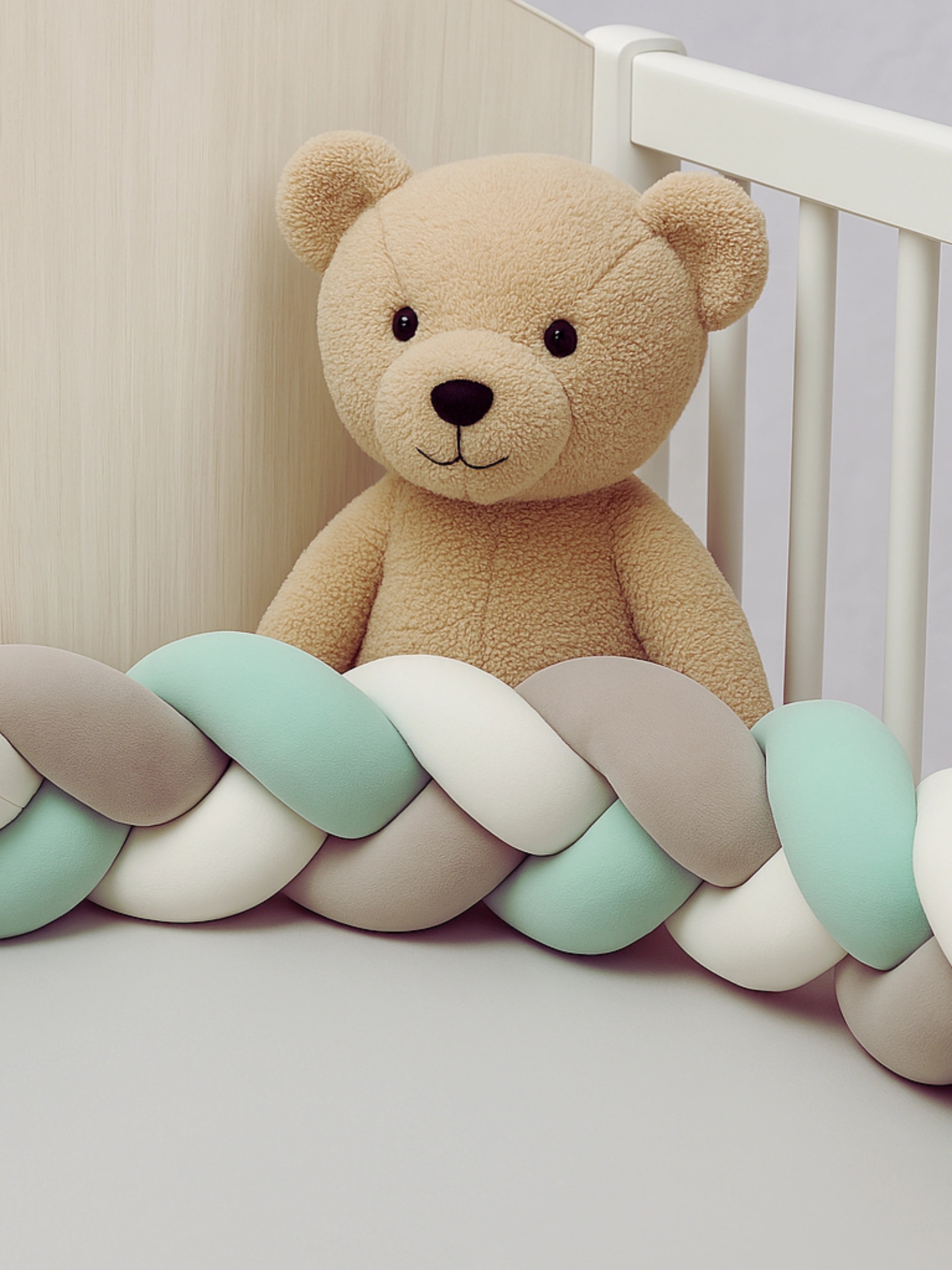 Tresse de lit multicolore beige, blanche, verte et gris dans un lit bébé avec une peluche nounours