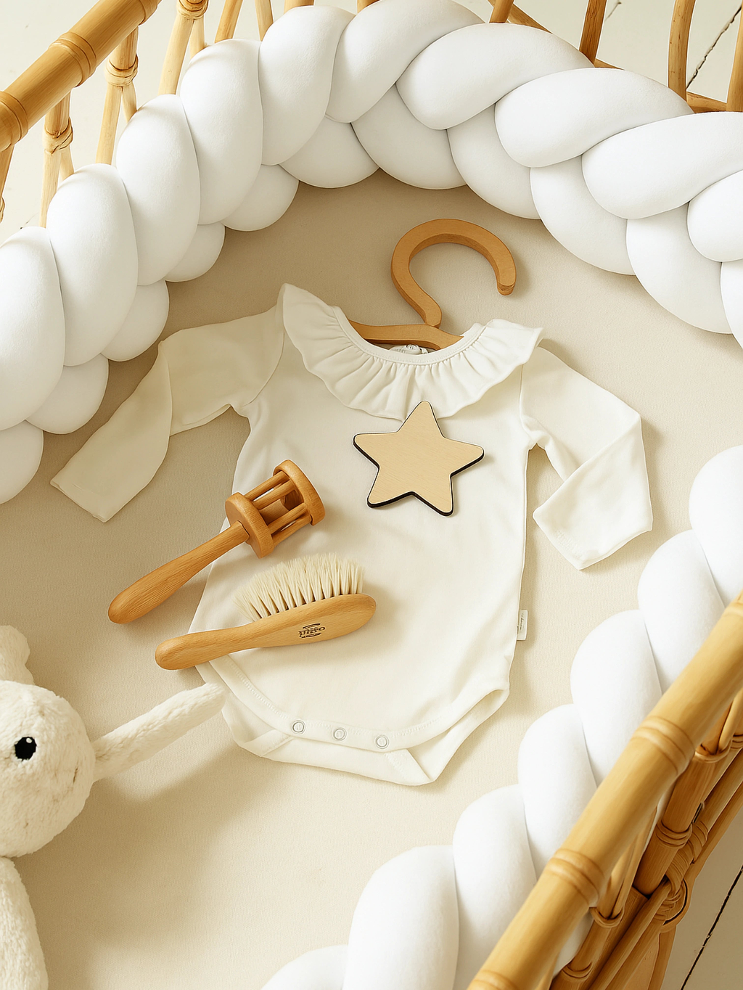 Tresse de lit bébé blanche avec body crème à col volanté, brosse en bois, hochet et peluche dans un berceau en rotin – Maison Casse-Noisette.