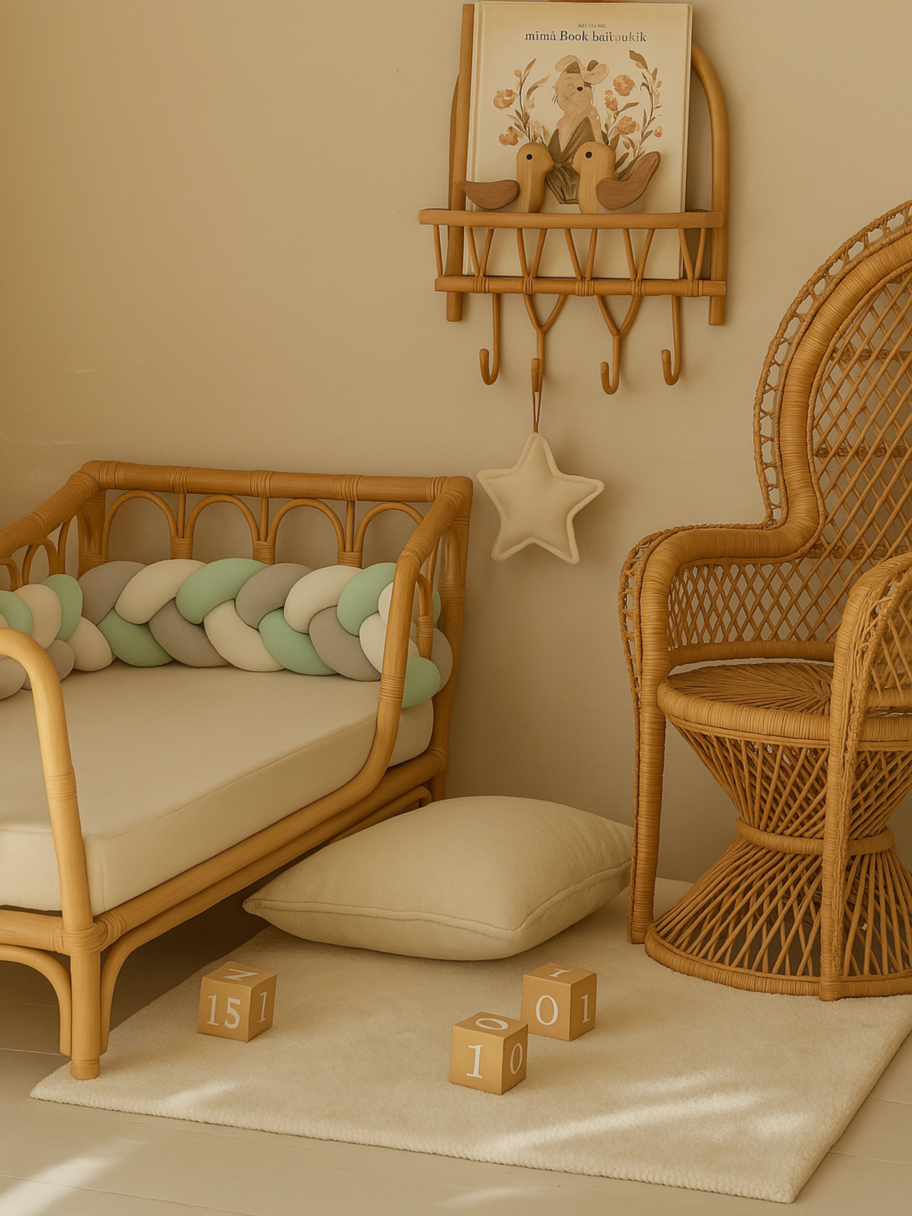 Tresse de lit pour bébé dans une chambre au style bohème avec mobilier en rotin, coussin et jouets en bois naturel