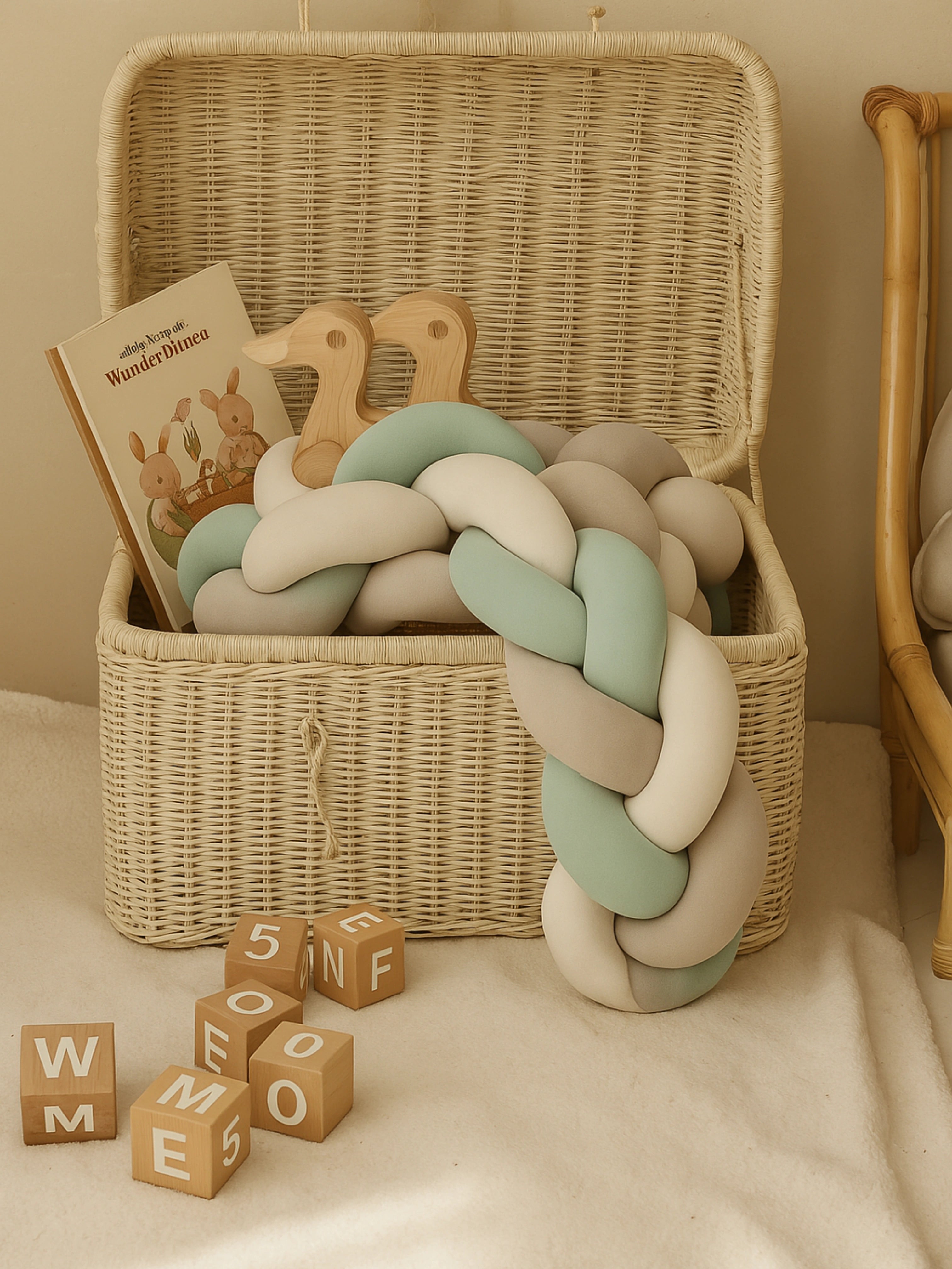 Tresse de lit bébé en mousse dans des tons vert menthe, beige et blanc, posée dans un panier en osier avec des jouets en bois et un livre illustré