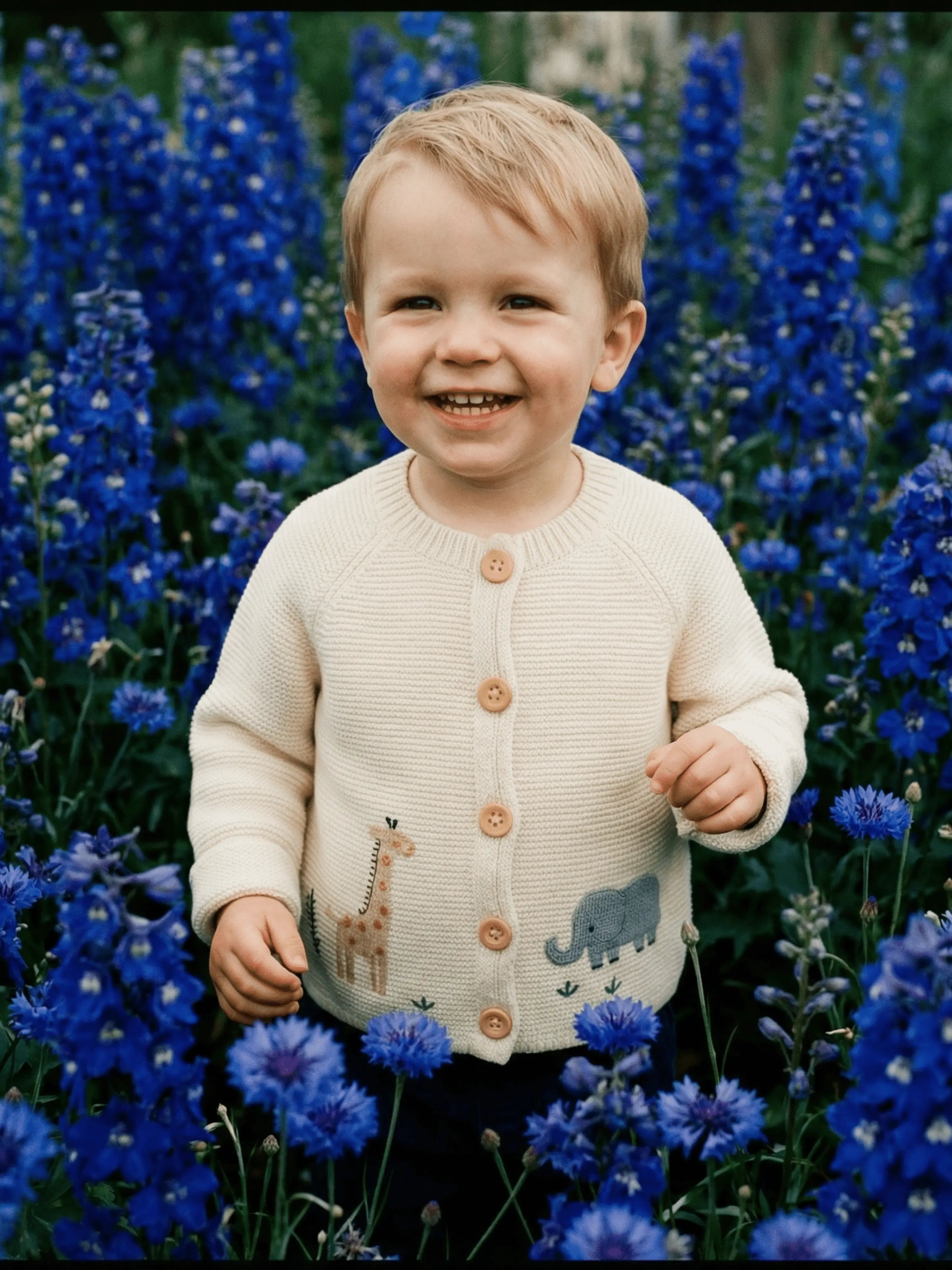 Gilet bébé en maille avec animaux – Girafe et éléphant brodés